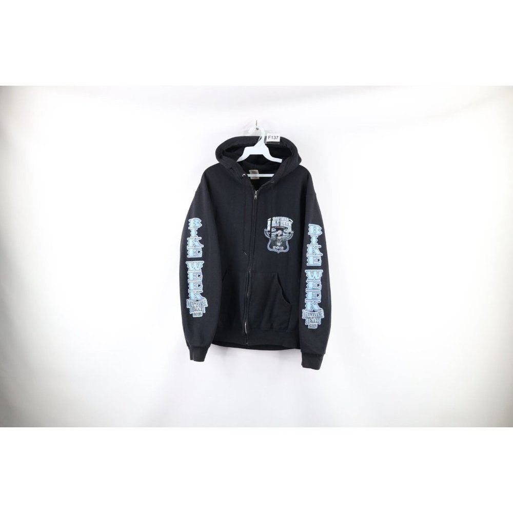 Y2K Mens Medium Faded Spell Out Tribal Daytona Bike Week Full Zip Hoodie Black - Picture 1 of 11